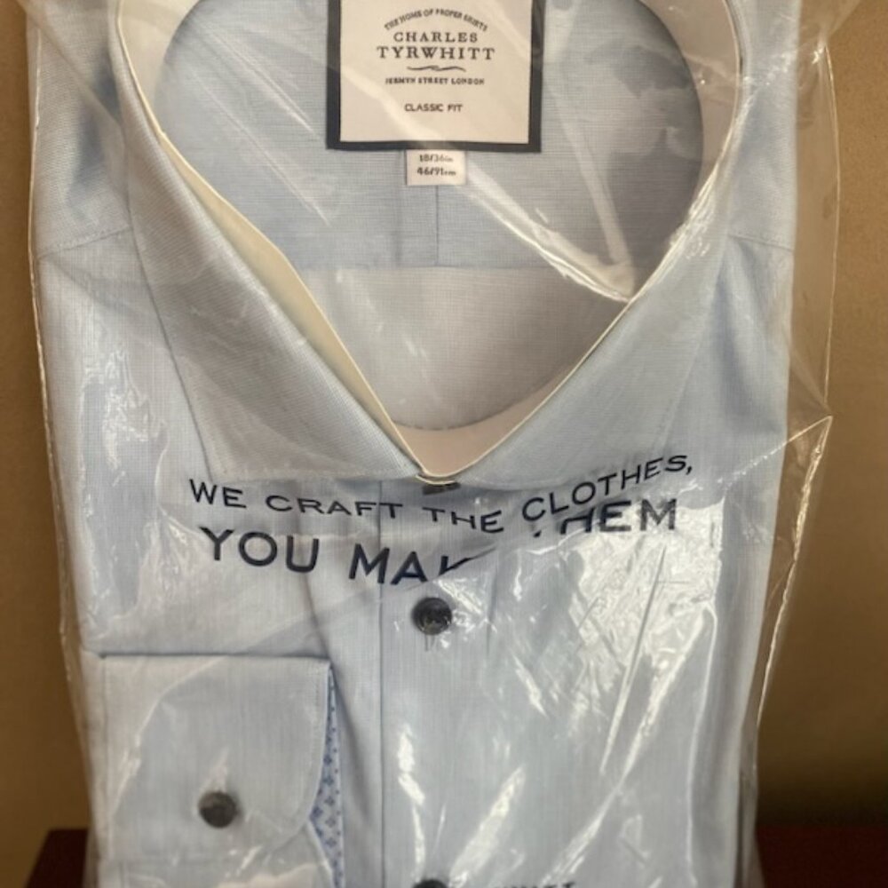 NIP Charles Tyrwhitt Button Shirt Sky Blue Twill w/Printed Trim Class Fit Shirt